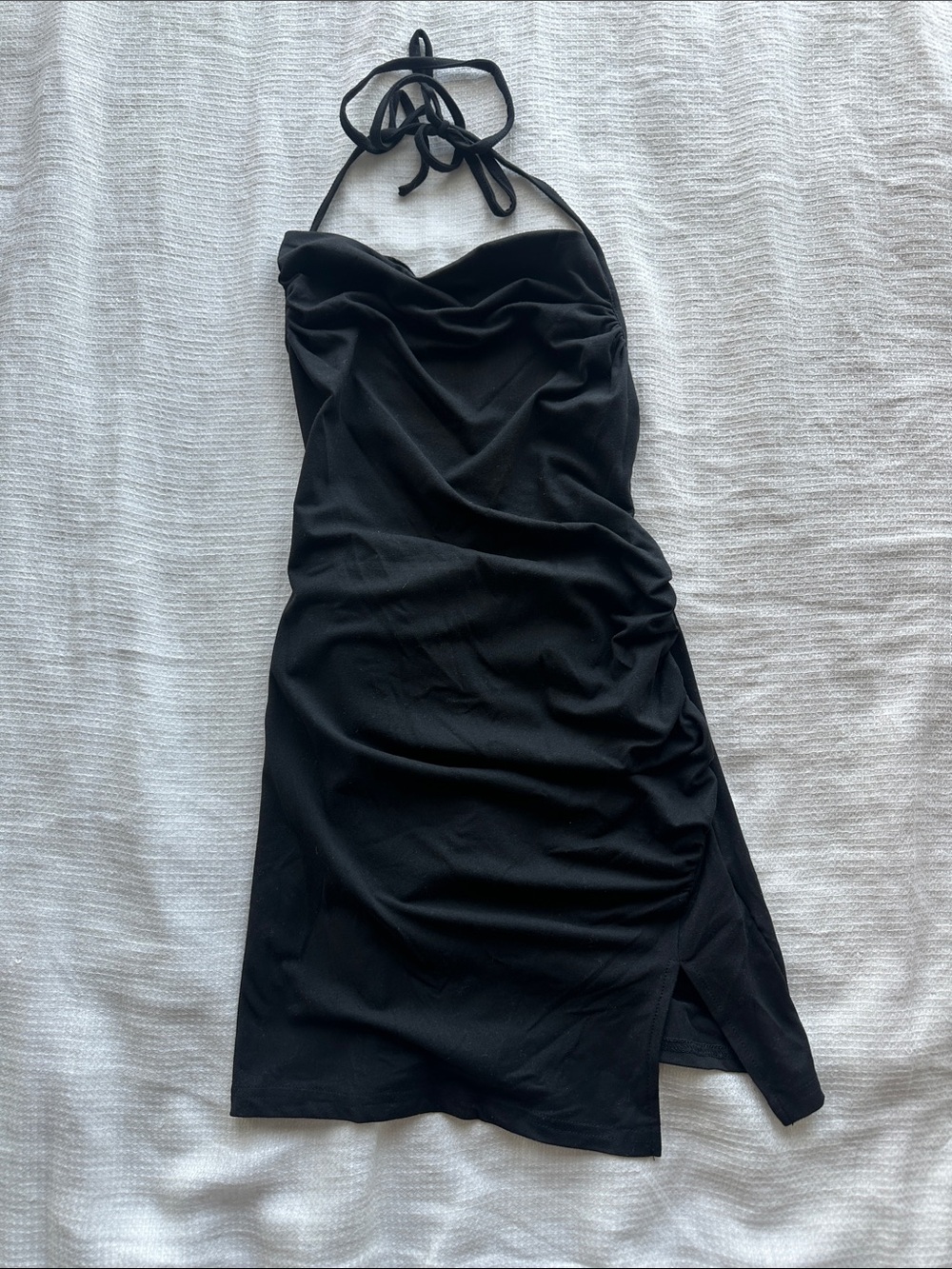 Black Backless Ruched Halter Mini Dress